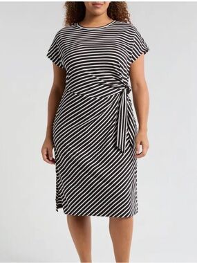 Universal Standard Crescent Knot T-Shirt Dress Black White Striped Cotton Peru S